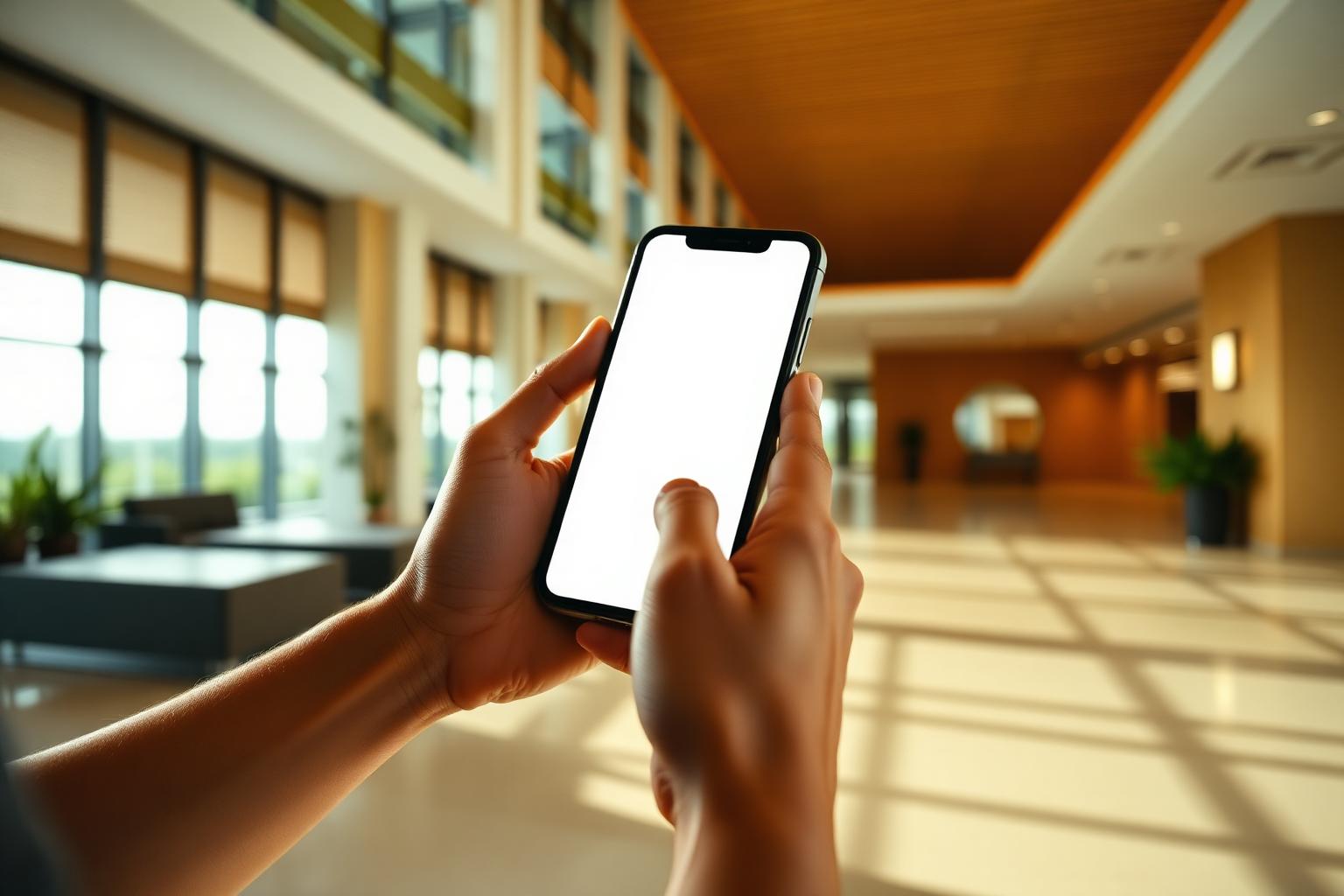 Morador usando o aplicativo do condomínio no celular no hall de entrada