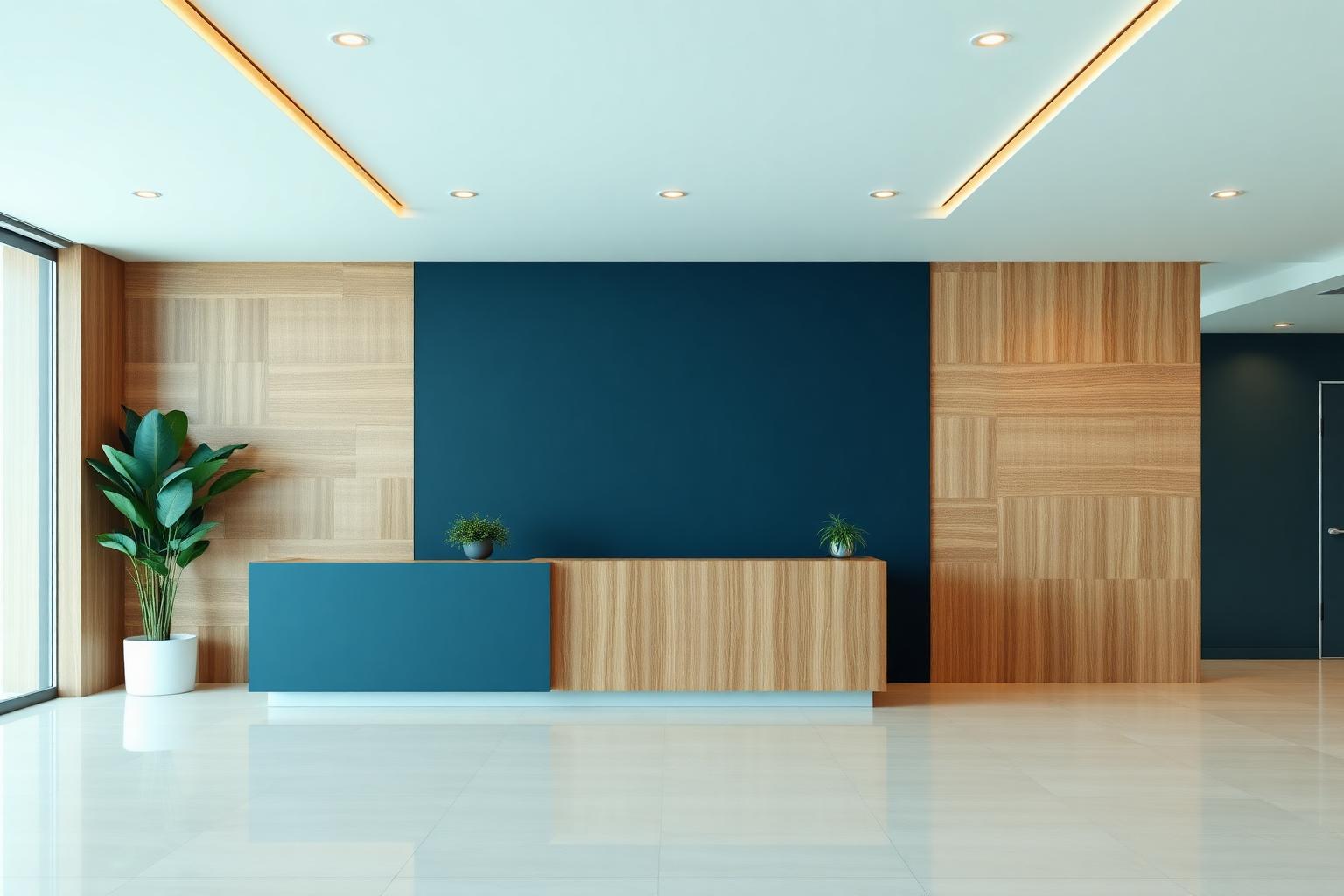 Recepção de escritório moderno com painéis de madeira e parede azul-marinho