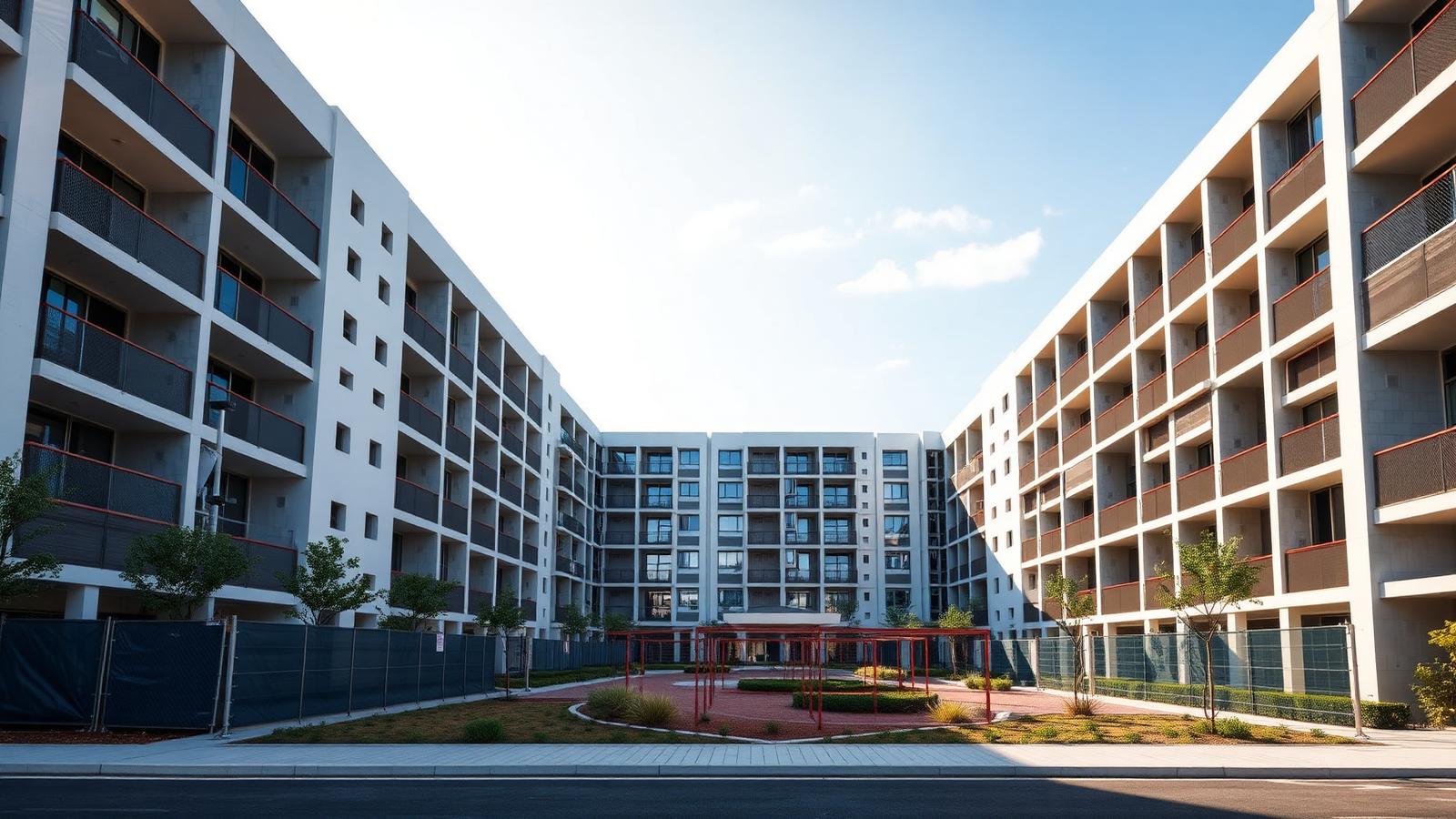 Empreendimento residencial recém-construído em dia claro, com tapume de obra sendo retirado na entrada