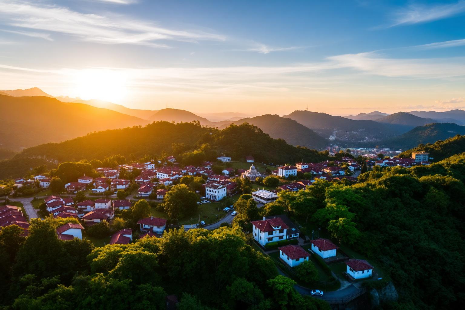 Vista aérea de cidade do interior de Minas Gerais cercada por montanhas ao entardecer