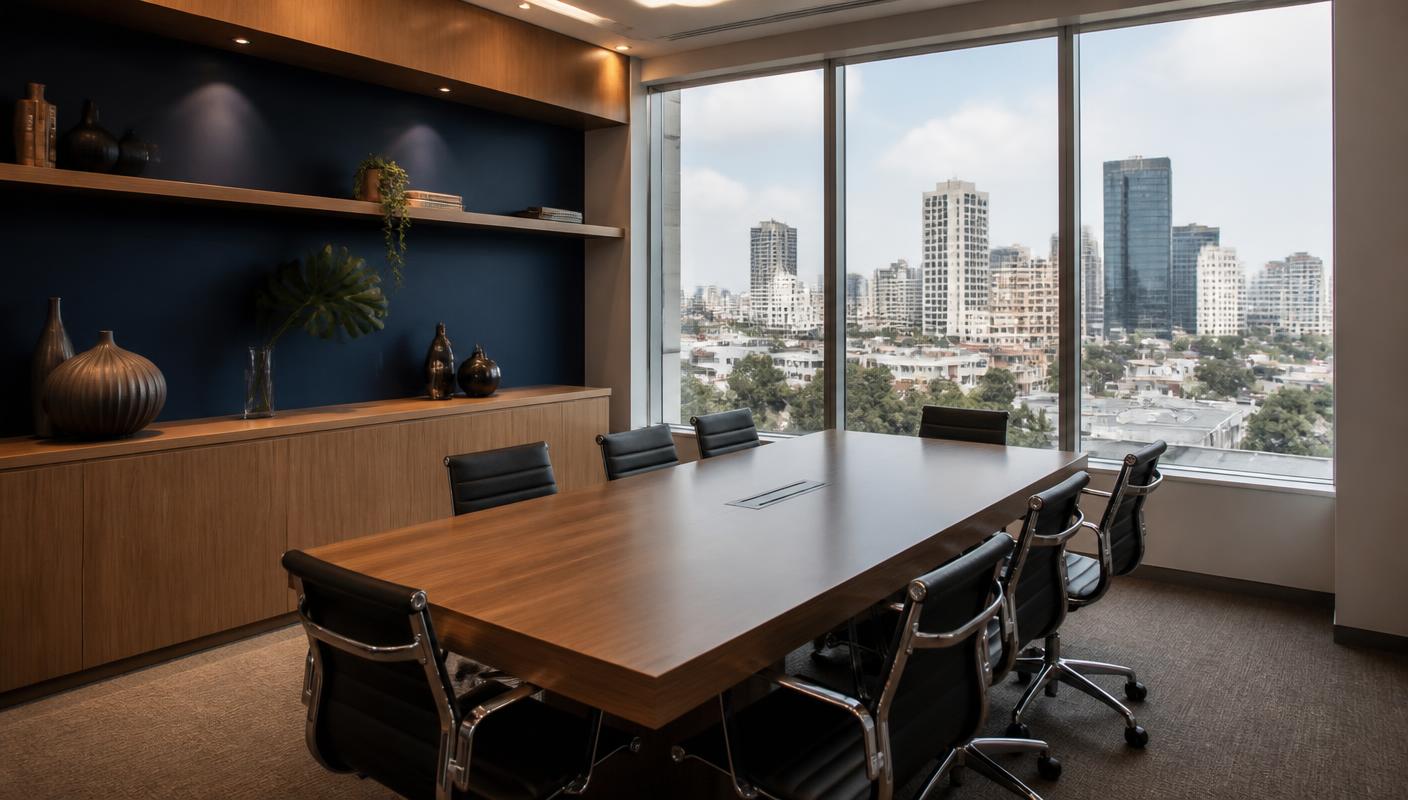 Sala de reunião corporativa em tons de azul marinho e madeira, com vista para a cidade