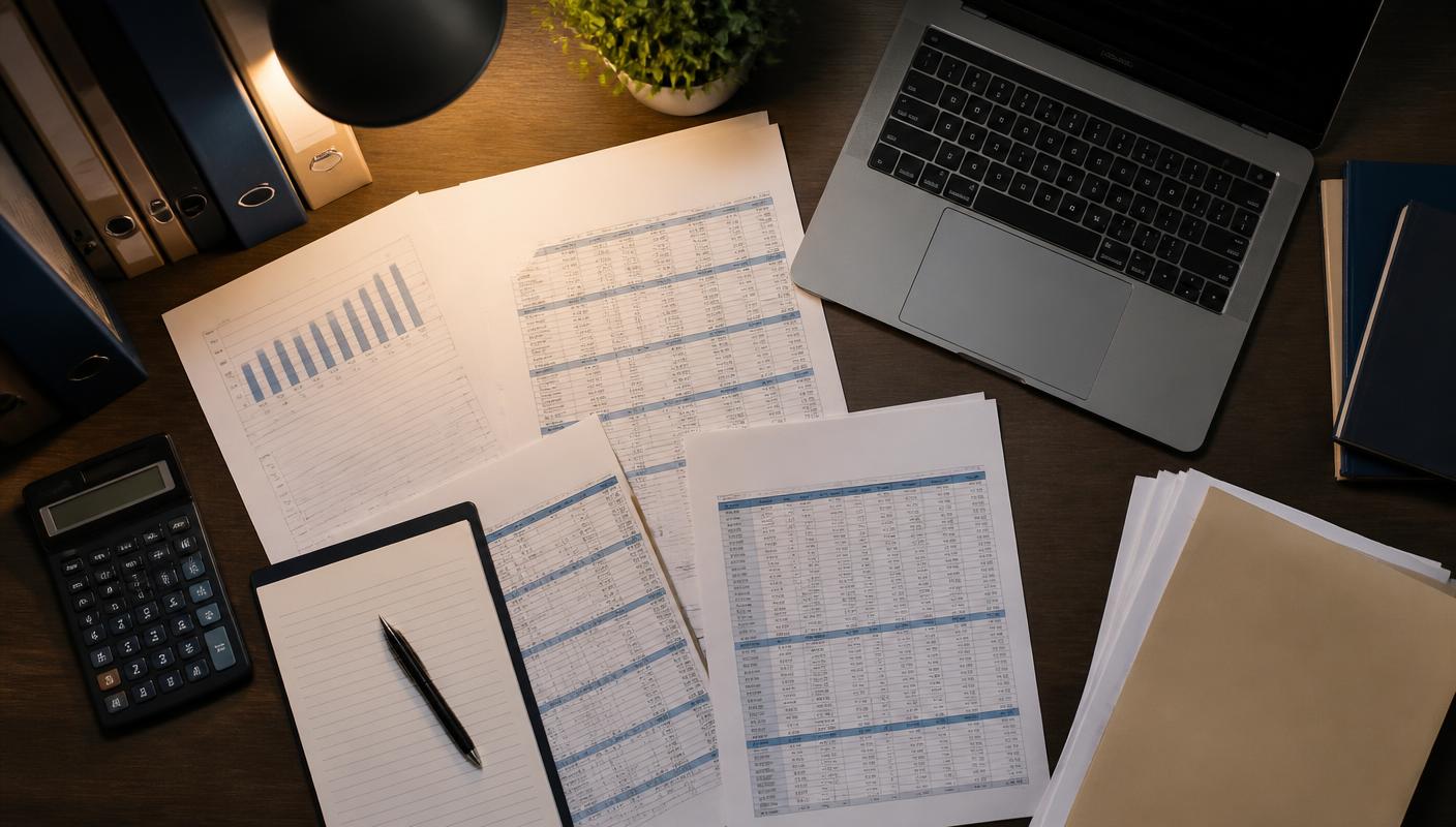 Mesa de escritório com documentos financeiros de condomínio, calculadora e notebook