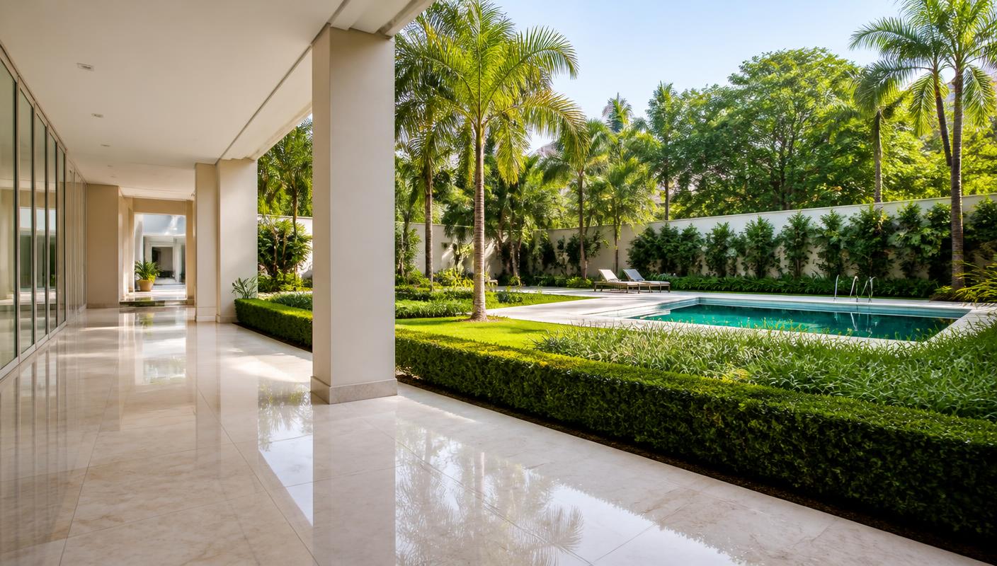 Áreas comuns de condomínio limpas e conservadas: hall em mármore, jardim aparado e piscina