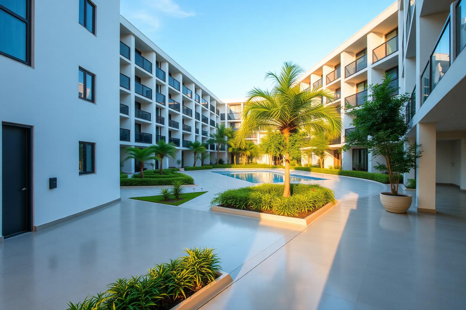 Áreas comuns bem conservadas de condomínio residencial brasileiro com jardim e piscina
