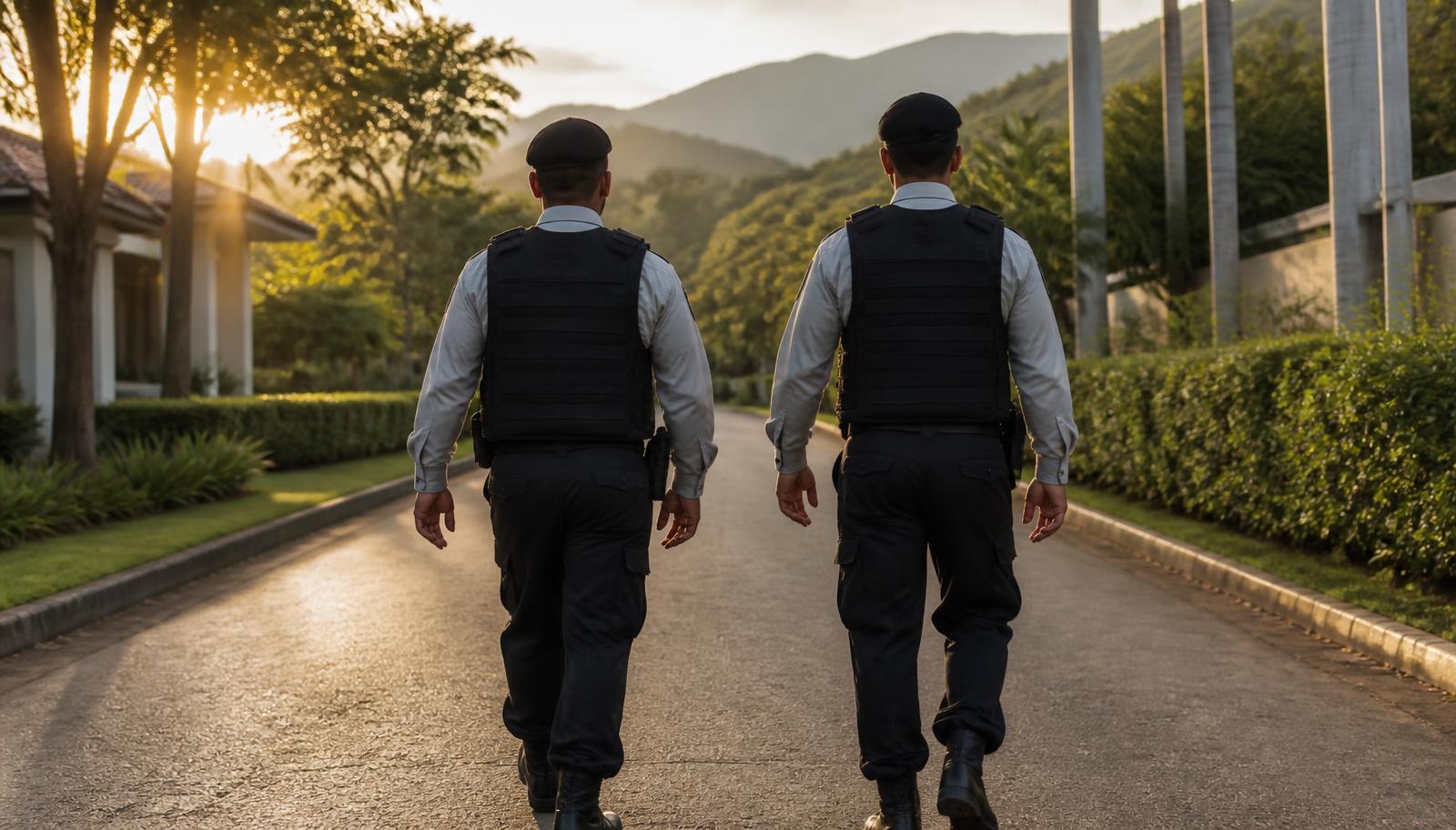 Dois profissionais da Califórnia de costas, caminhando lado a lado em via interna de condomínio ao amanhecer